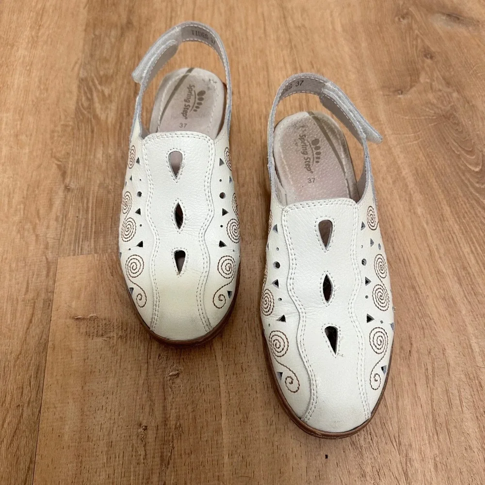 Spring Step | Tides Leather Perforated Embroidered Slingback Wedge Sandals,‎ 37
